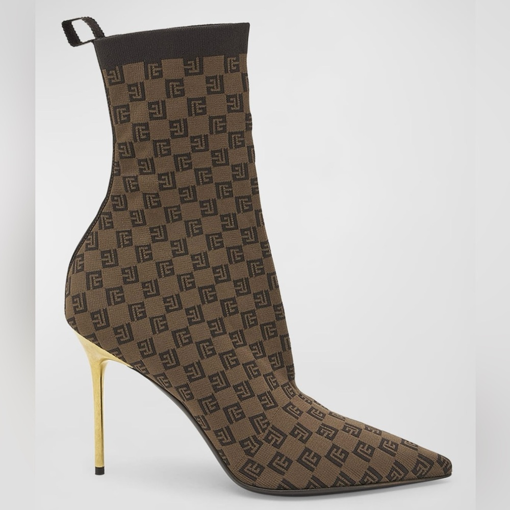 Balmain Women’s Skye Ankle Boots Brown Mini Motif w/Gold Heel, Size 39, NWT